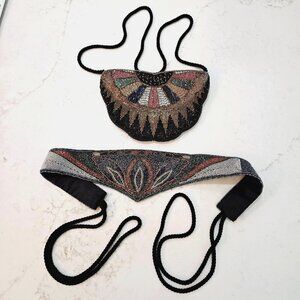 Vintage Magid Beaded Purse & Belt Set, Multicolor Art Deco Design Retro Party
